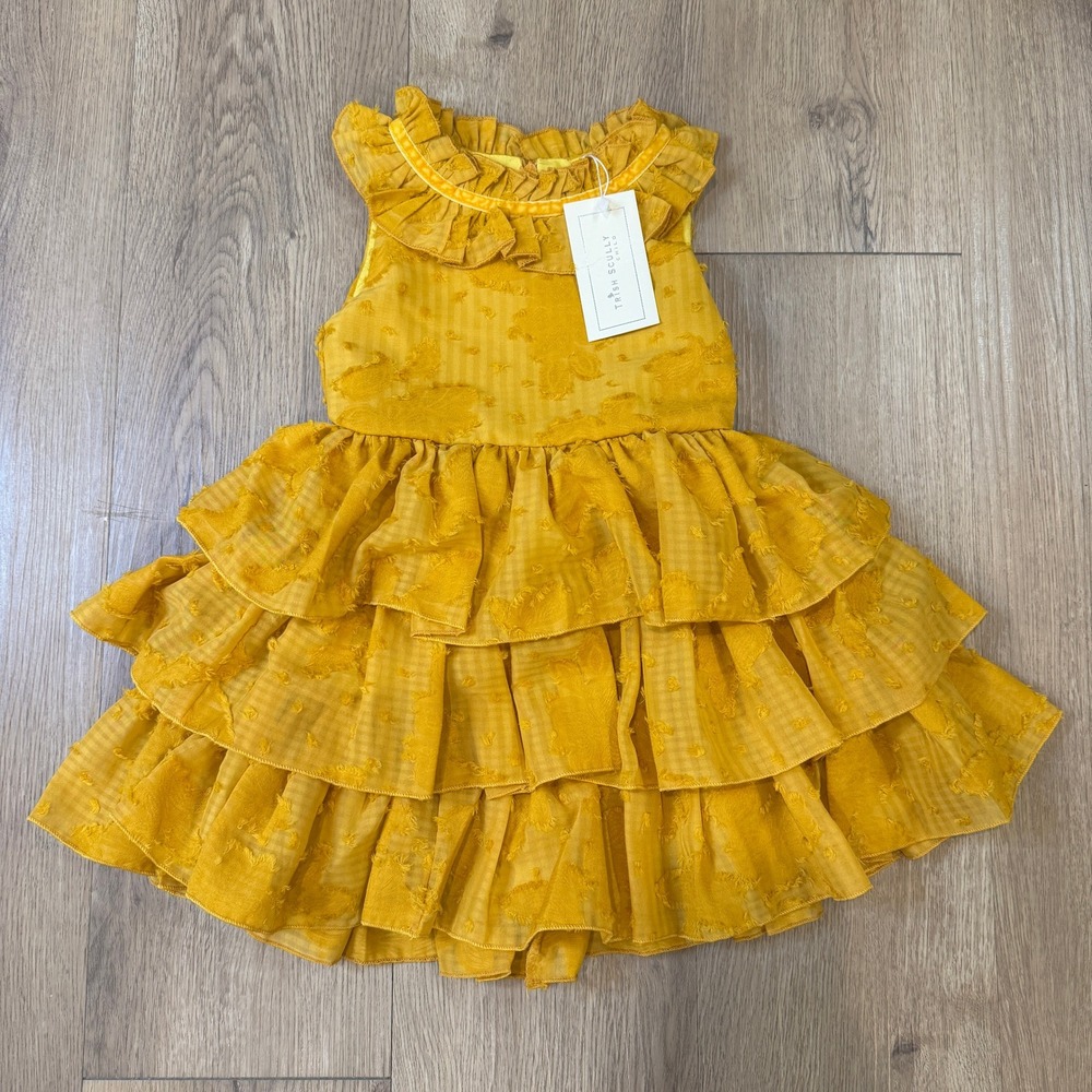 Trish Scully Child Mustard Yellow Tiered Ruffle Dress Textured Size 2 NWT